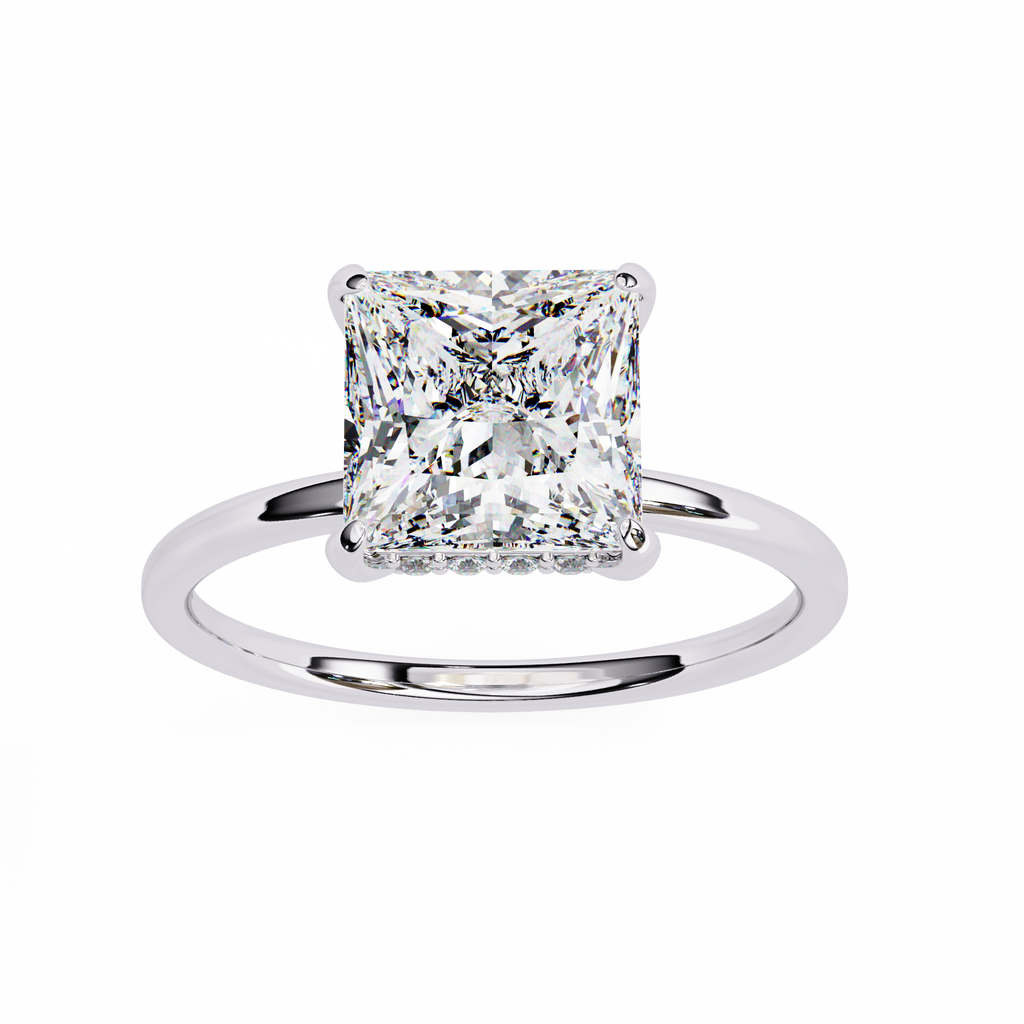 White Gold Princess Cut Diamond Solitaire Ring with Hidden Halo