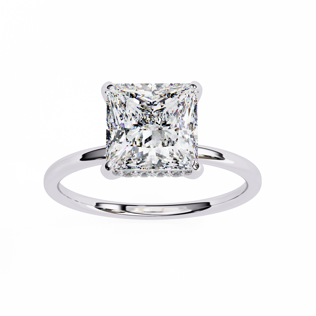 White Gold Princess Cut Diamond Solitaire Ring with Hidden Halo
