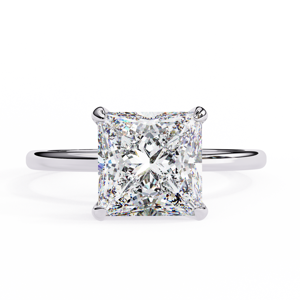 White Gold Princess Cut Diamond Solitaire Ring with Hidden Halo