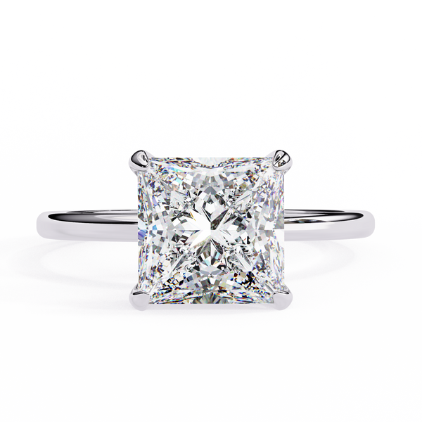 White Gold Princess Cut Diamond Solitaire Ring with Hidden Halo