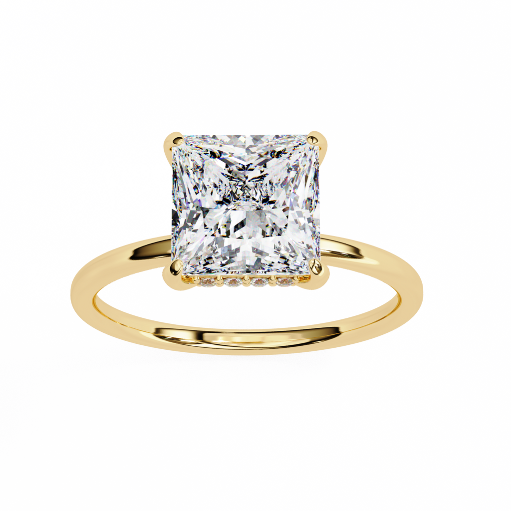 Yellow Gold Princess Cut Diamond Solitaire Ring with Hidden Halo