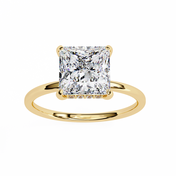 Yellow Gold Princess Cut Diamond Solitaire Ring with Hidden Halo