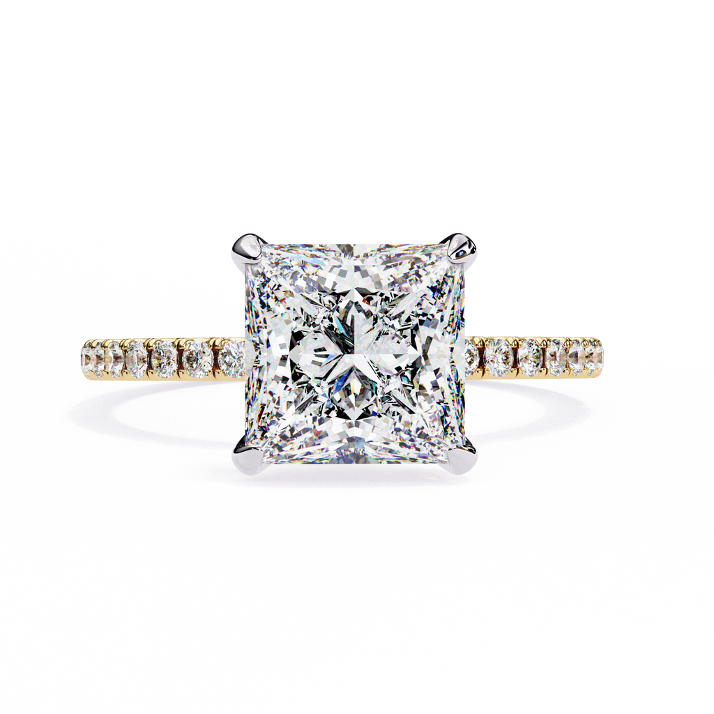 Yellow Gold Princess Cut Diamond Ring with Hidden Halo and Pavé Band