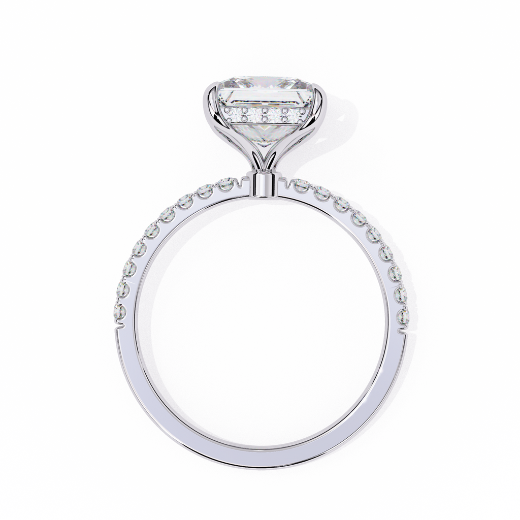 White Gold Princess Cut Diamond Ring with Hidden Halo and Pavé Band