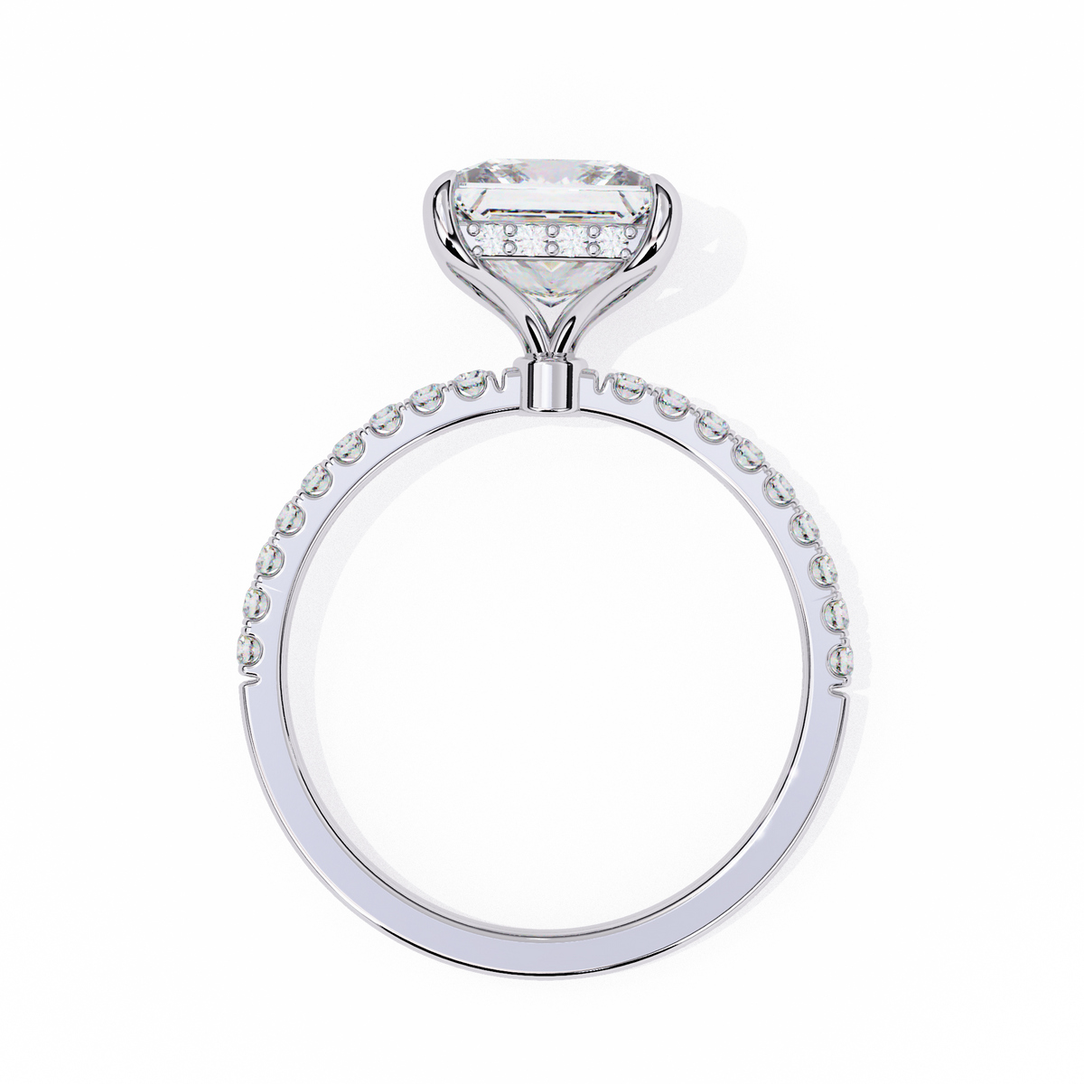 White Gold Princess Cut Diamond Ring with Hidden Halo and Pavé Band