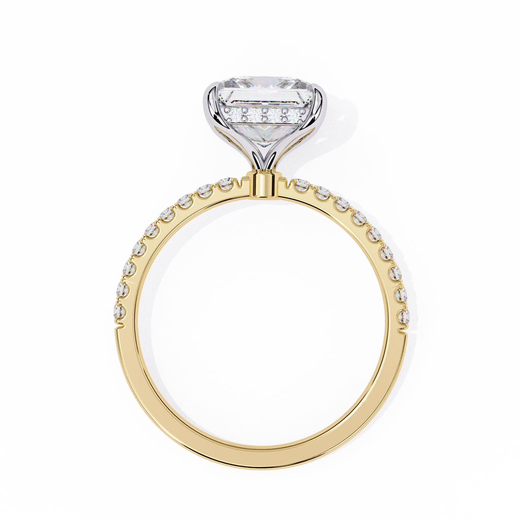 Yellow Gold Princess Cut Diamond Ring with Hidden Halo and Pavé Band
