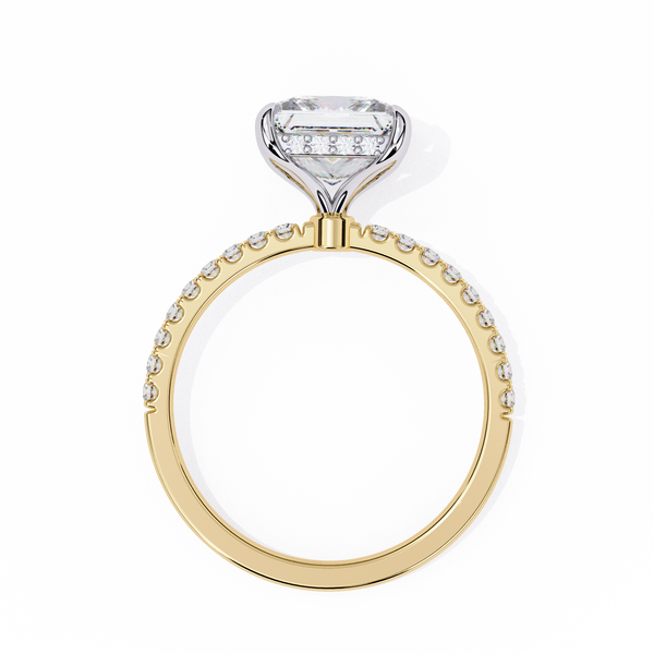 Yellow Gold Princess Cut Diamond Ring with Hidden Halo and Pavé Band