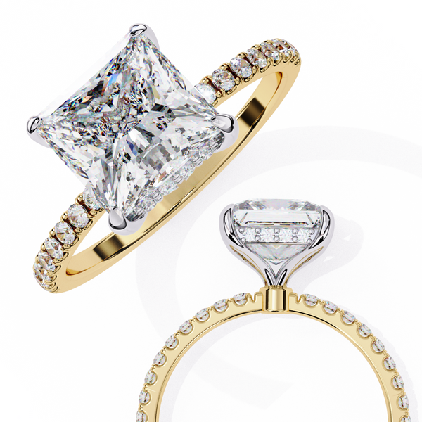 Yellow Gold Princess Cut Diamond Ring with Hidden Halo and Pavé Band