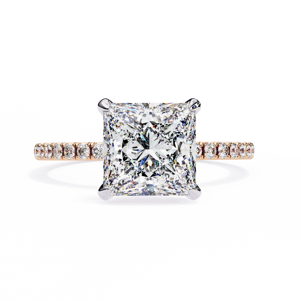 Rose Gold Princess Cut Diamond Ring with Hidden Halo and Pavé Band