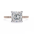 Rose Gold Princess Cut Diamond Ring with Hidden Halo and Pavé Band