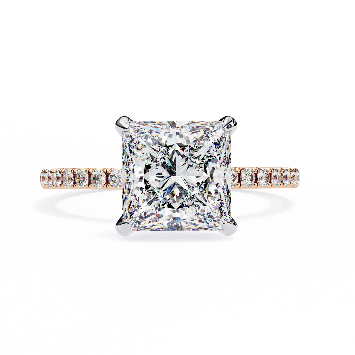 Rose Gold Princess Cut Diamond Ring with Hidden Halo and Pavé Band