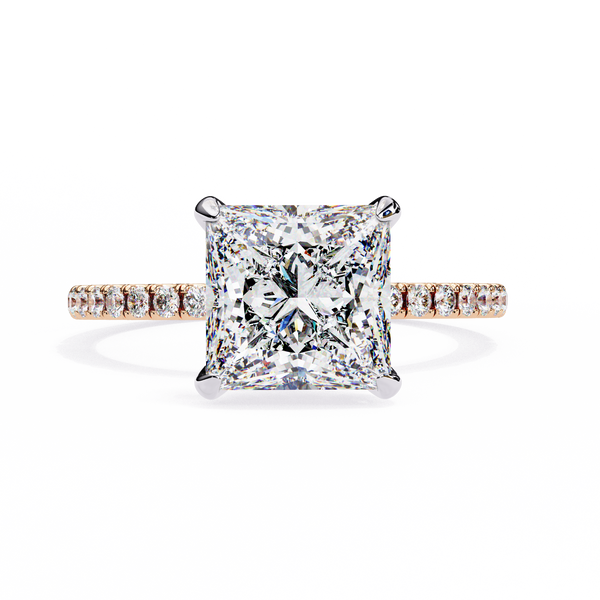 Rose Gold Princess Cut Diamond Ring with Hidden Halo and Pavé Band