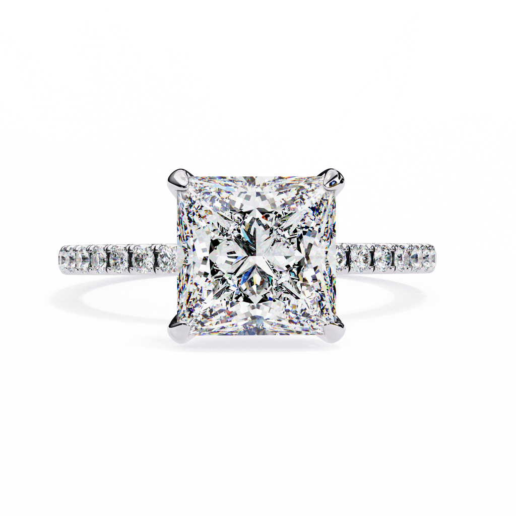 White Gold Princess Cut Diamond Ring with Hidden Halo and Pavé Band