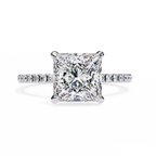 White Gold Princess Cut Diamond Ring with Hidden Halo and Pavé Band