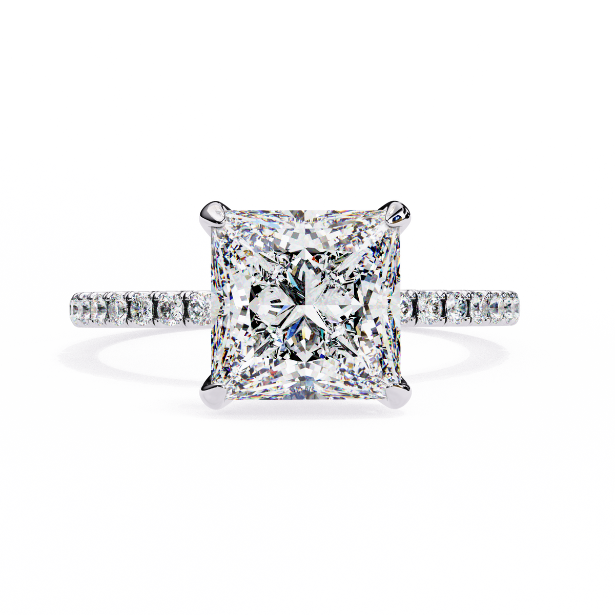 White Gold Princess Cut Diamond Ring with Hidden Halo and Pavé Band
