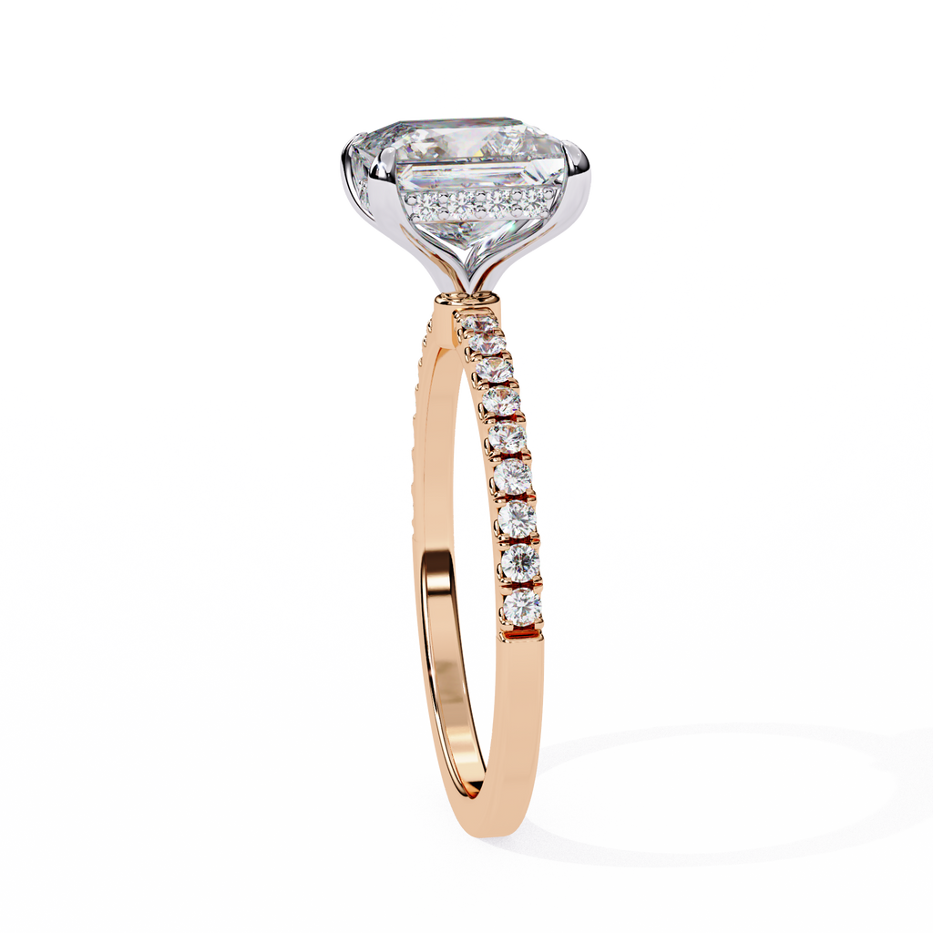 Rose Gold Princess Cut Diamond Ring with Hidden Halo and Pavé Band