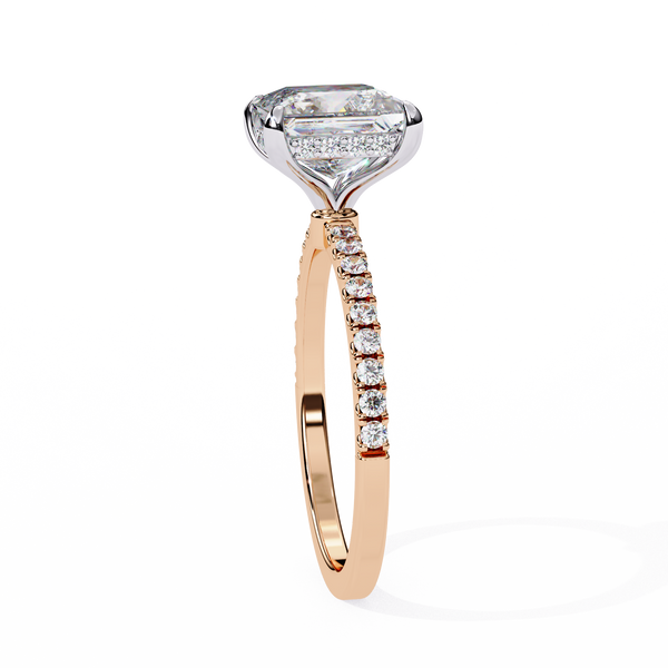 Rose Gold Princess Cut Diamond Ring with Hidden Halo and Pavé Band