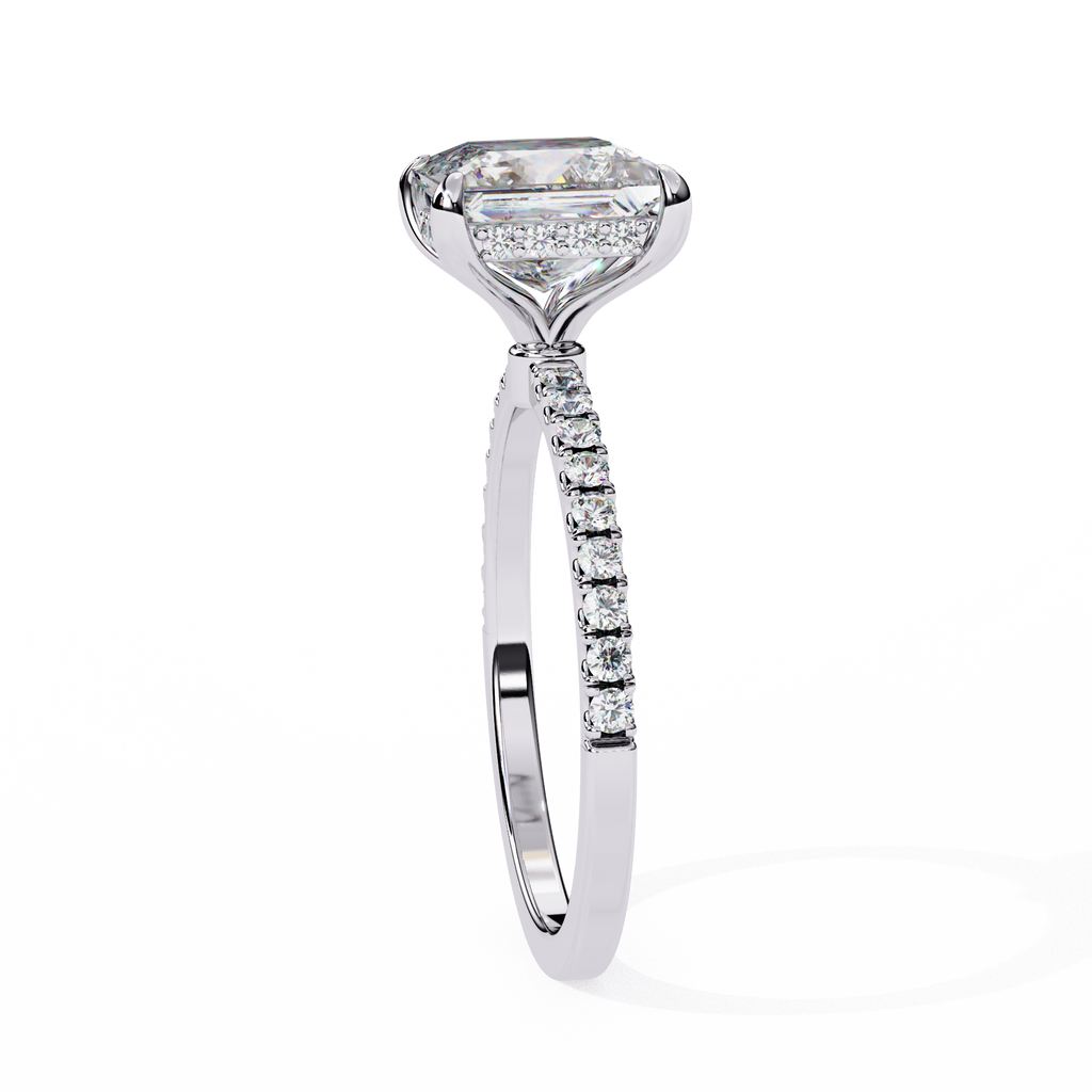 White Gold Princess Cut Diamond Ring with Hidden Halo and Pavé Band