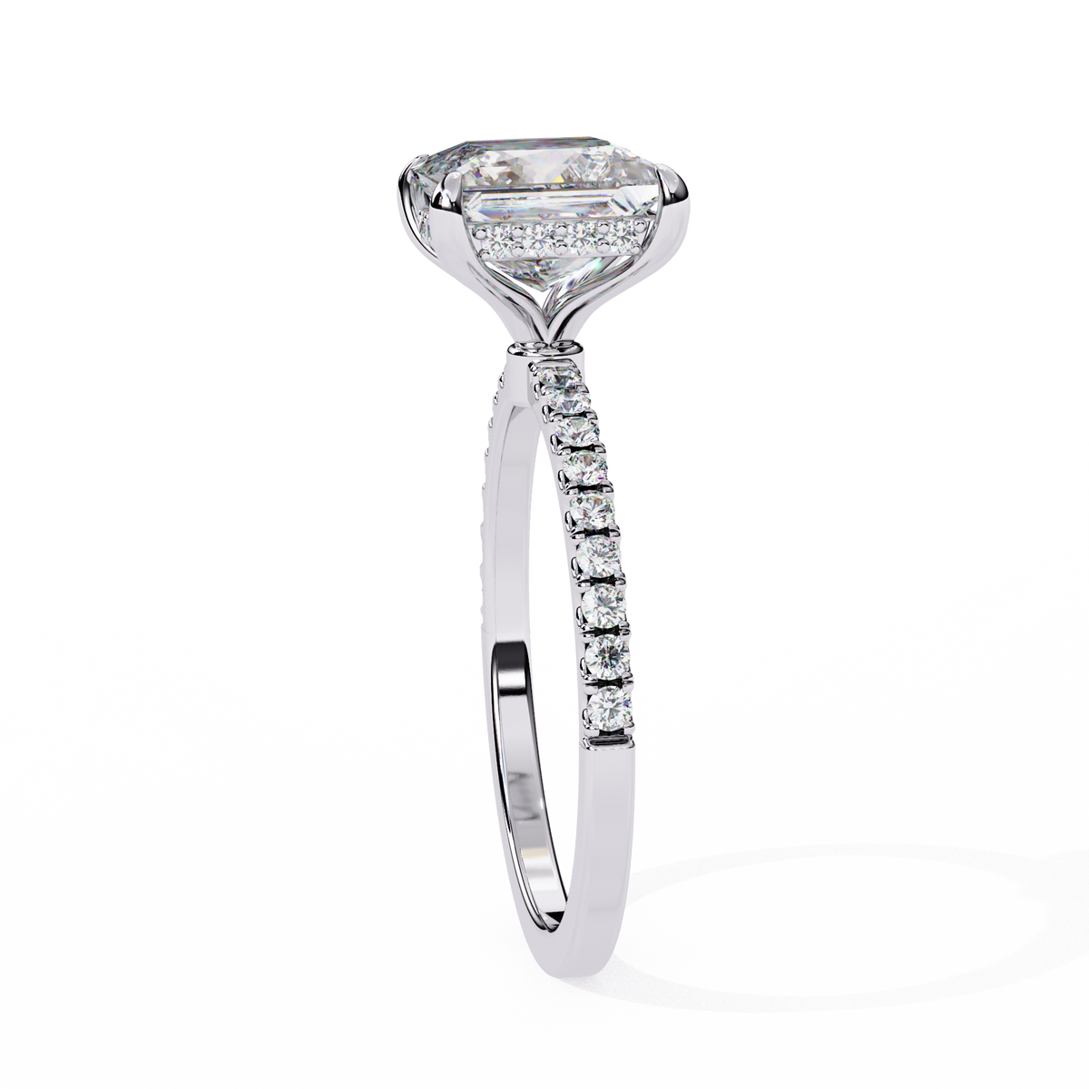 White Gold Princess Cut Diamond Ring with Hidden Halo and Pavé Band