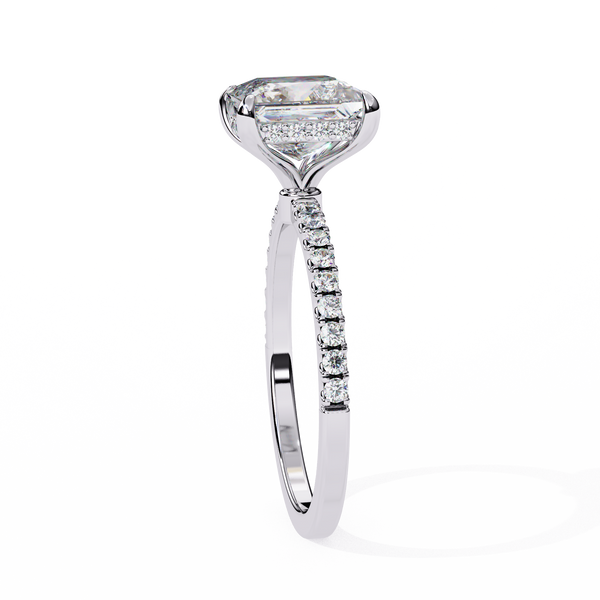 White Gold Princess Cut Diamond Ring with Hidden Halo and Pavé Band