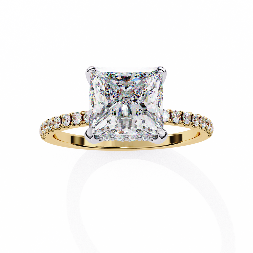 Yellow Gold Princess Cut Diamond Ring with Hidden Halo and Pavé Band