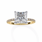 Yellow Gold Princess Cut Diamond Ring with Hidden Halo and Pavé Band