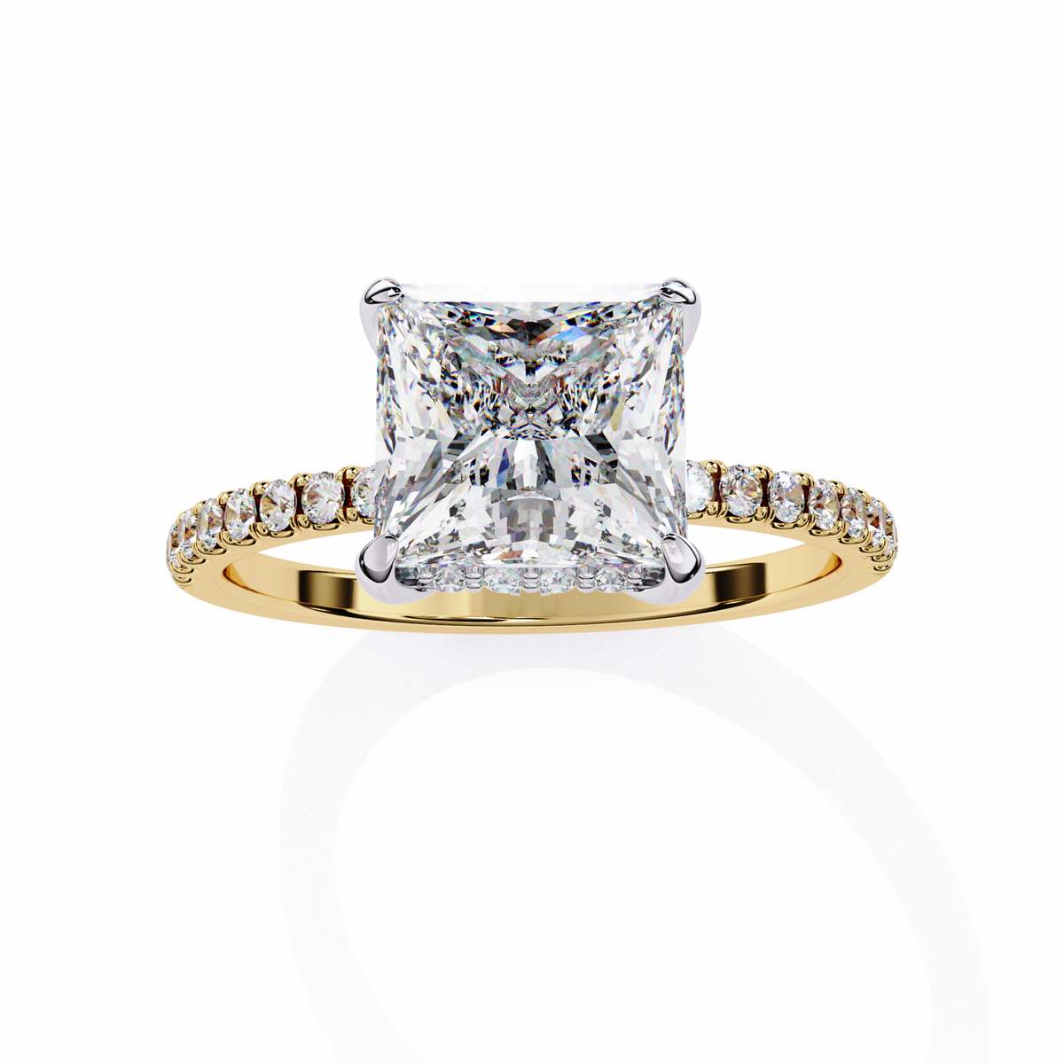 Yellow Gold Princess Cut Diamond Ring with Hidden Halo and Pavé Band
