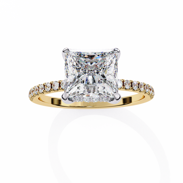 Yellow Gold Princess Cut Diamond Ring with Hidden Halo and Pavé Band
