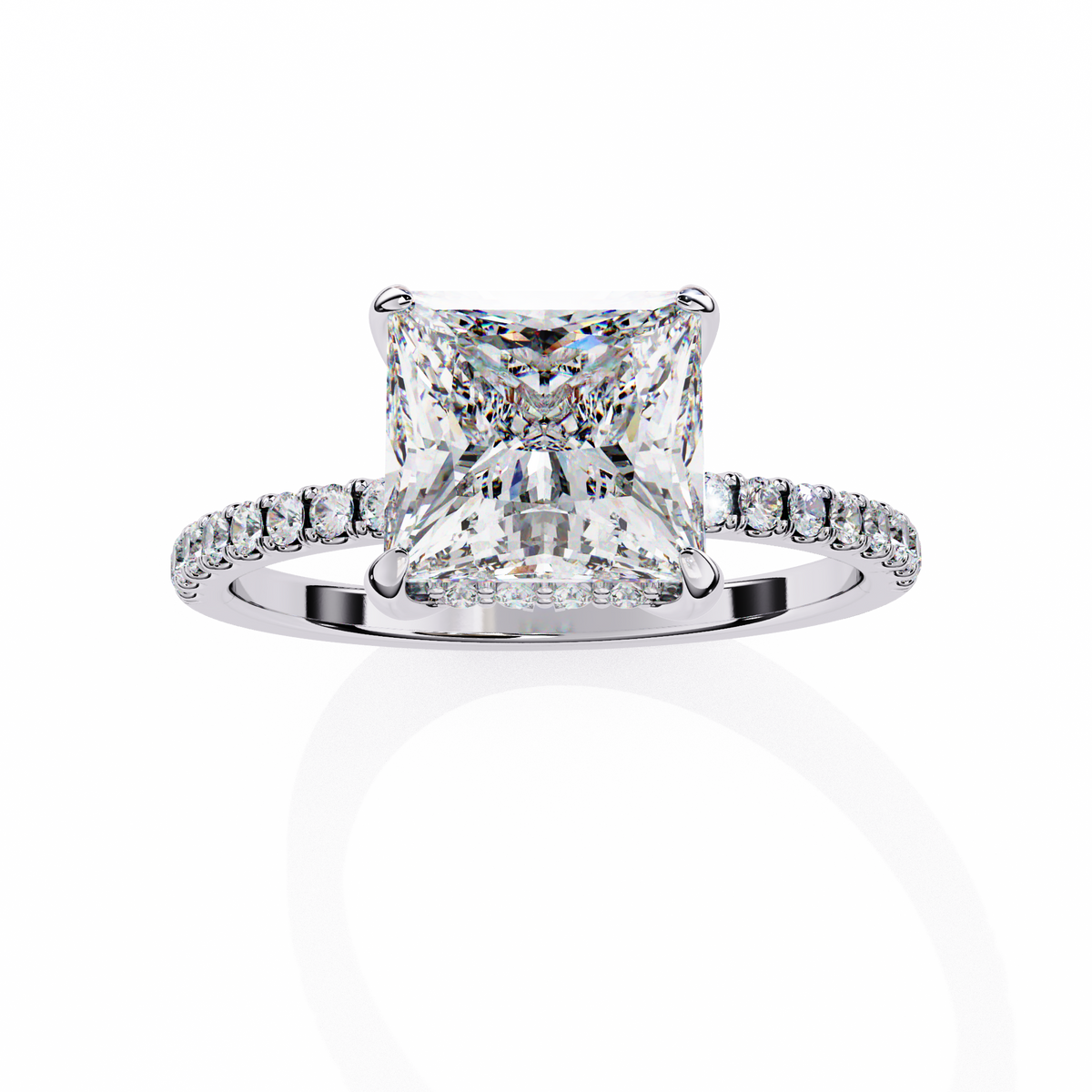 White Gold Princess Cut Diamond Ring with Hidden Halo and Pavé Band