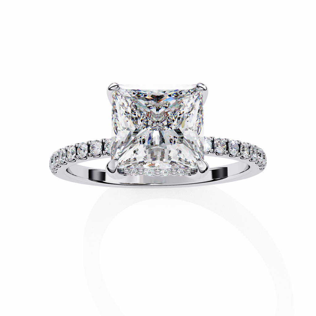 White Gold Princess Cut Diamond Ring with Hidden Halo and Pavé Band