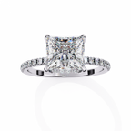 White Gold Princess Cut Diamond Ring with Hidden Halo and Pavé Band