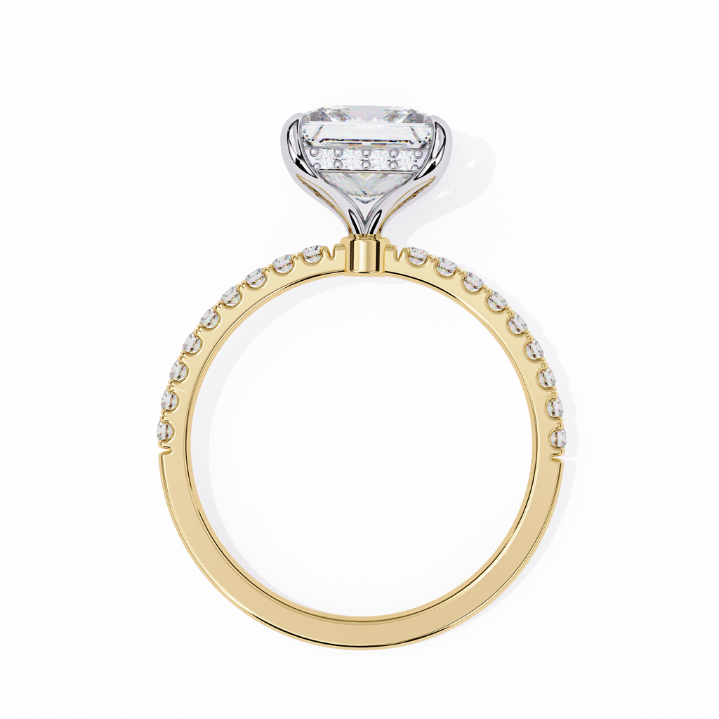 Yellow Gold Princess Cut Diamond Ring with Hidden Halo and Pavé Band