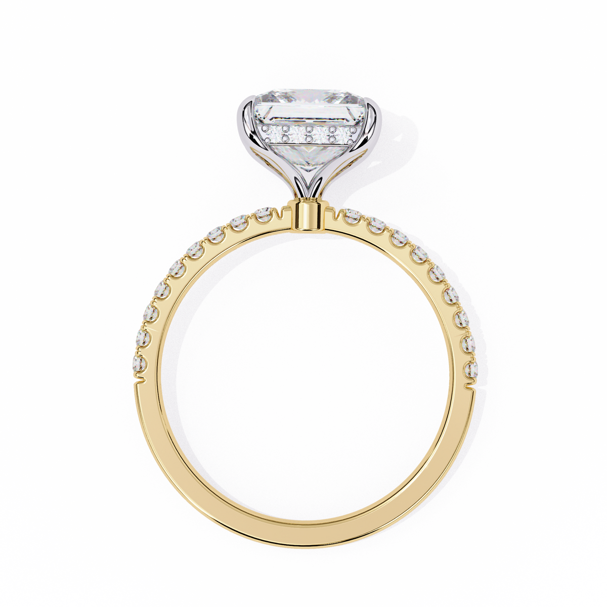 Yellow Gold Princess Cut Diamond Ring with Hidden Halo and Pavé Band
