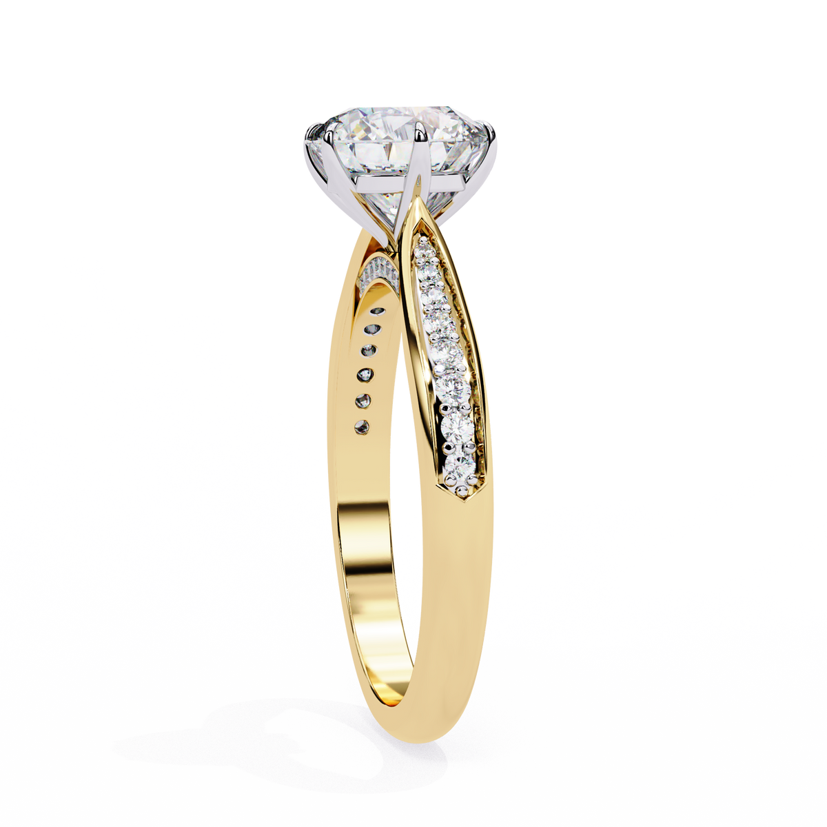 Yellow Gold Round Brilliant Diamond Ring with Channel Pavé Shoulders