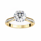 Yellow Gold Round Brilliant Diamond Ring with Channel Pavé Shoulders