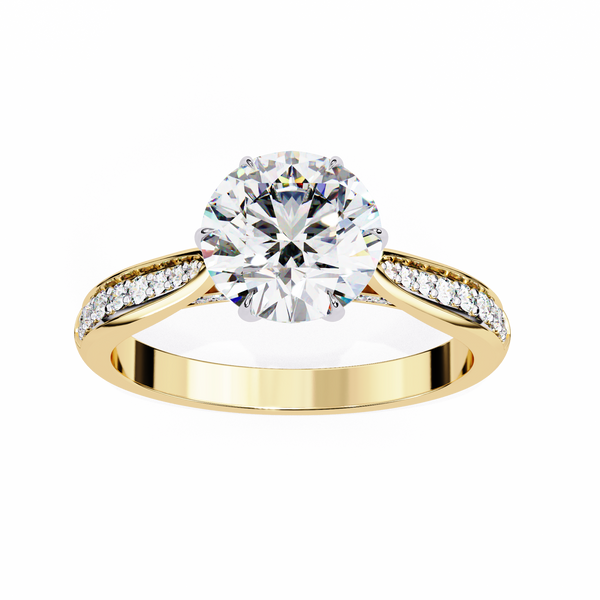 Yellow Gold Round Brilliant Diamond Ring with Channel Pavé Shoulders