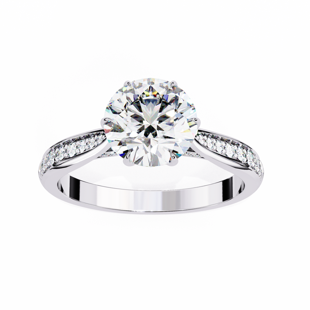 White Gold Round Brilliant Diamond Ring with Channel Pavé Shoulders