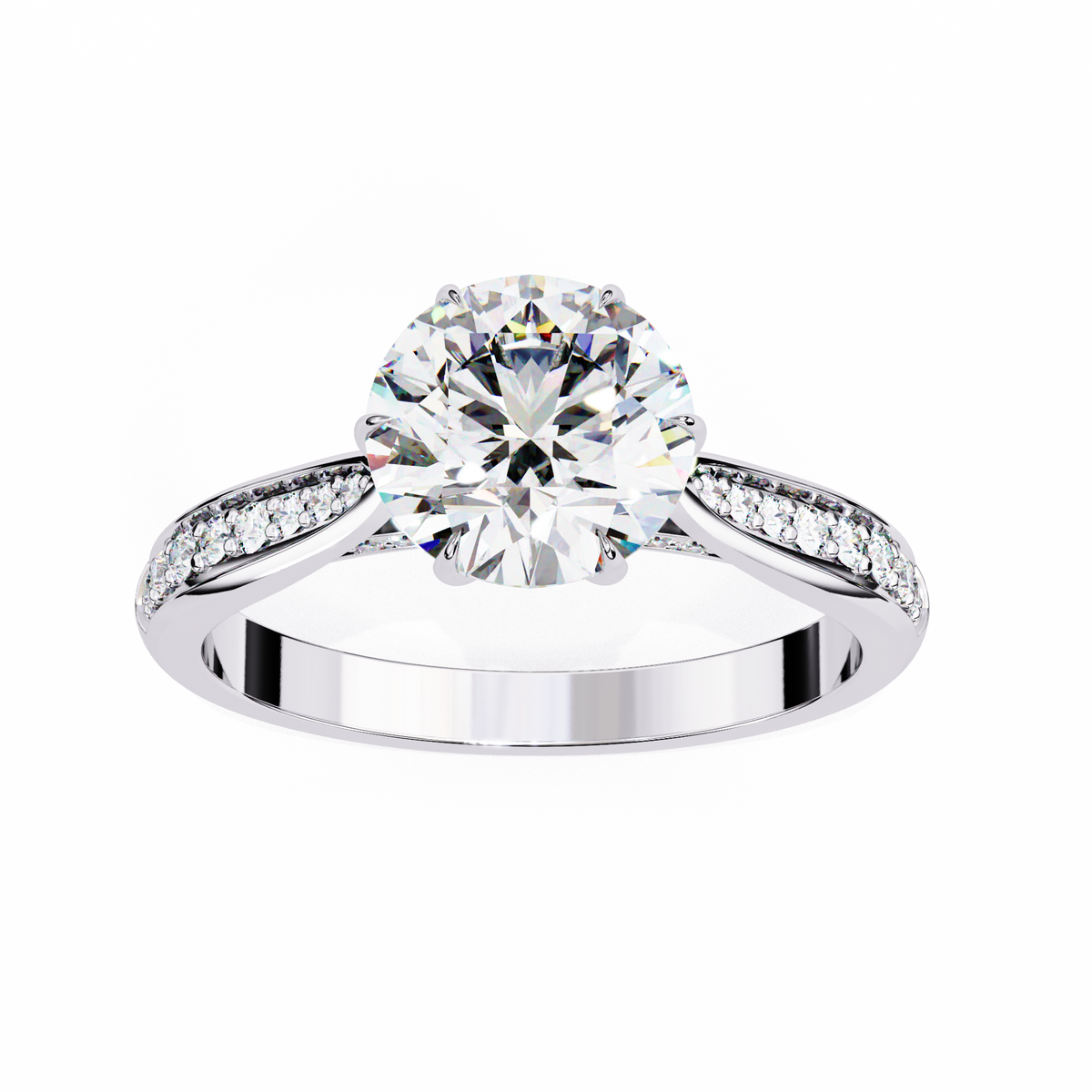 White Gold Round Brilliant Diamond Ring with Channel Pavé Shoulders