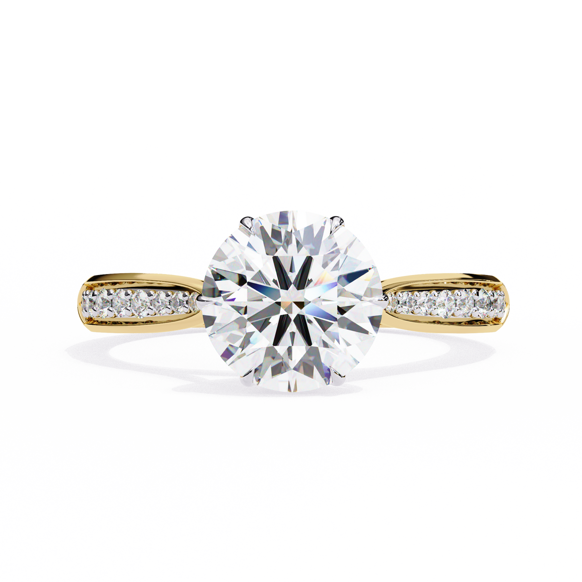 Yellow Gold Round Brilliant Diamond Ring with Channel Pavé Shoulders