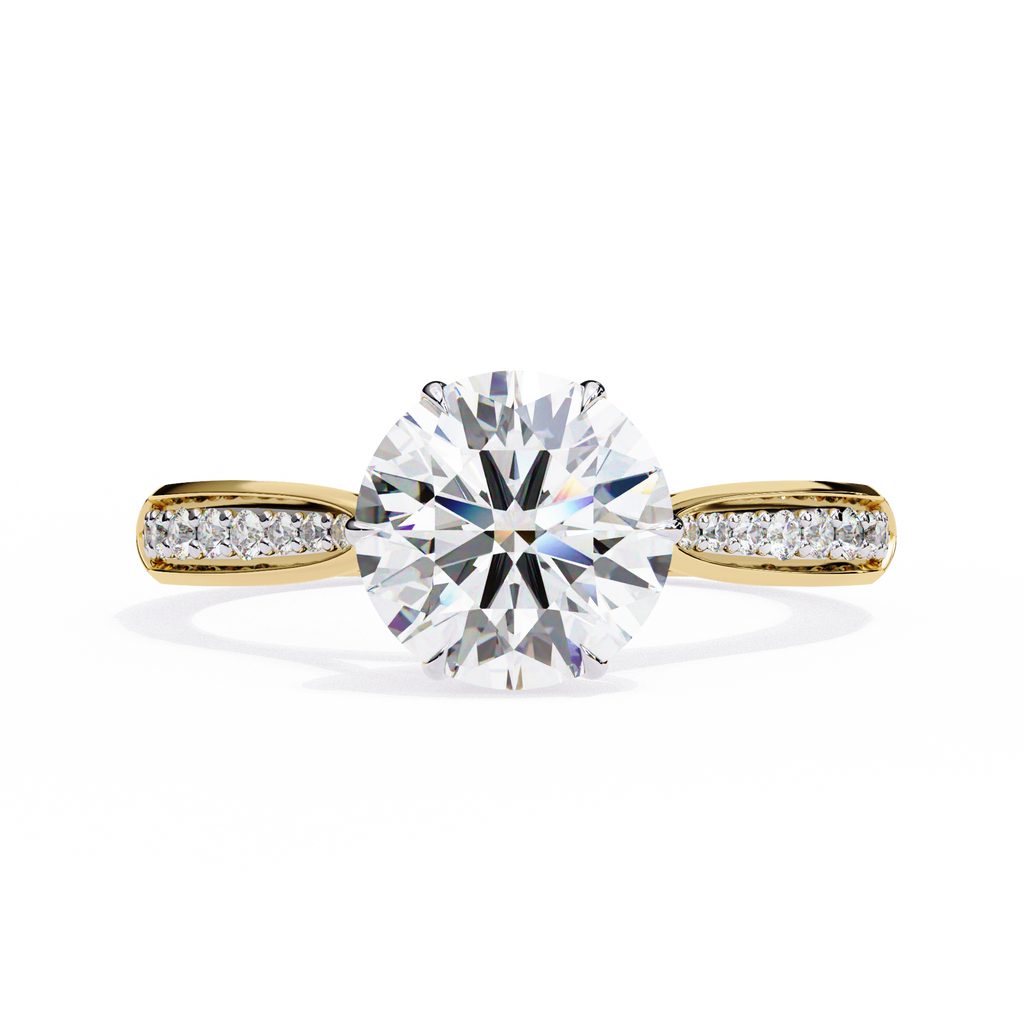 Yellow Gold Round Brilliant Diamond Ring with Channel Pavé Shoulders