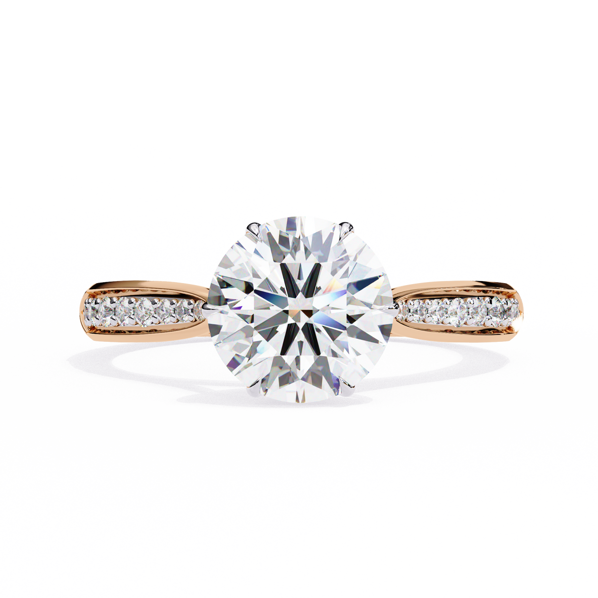 Rose Gold Round Brilliant Diamond Ring with Channel Pavé Shoulders