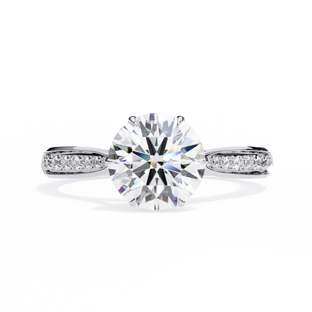 White Gold Round Brilliant Diamond Ring with Channel Pavé Shoulders