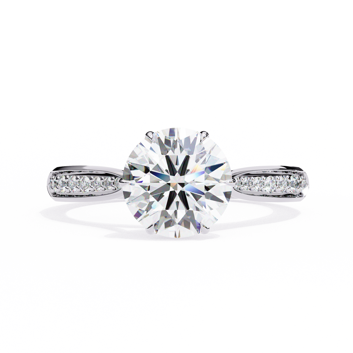 White Gold Round Brilliant Diamond Ring with Channel Pavé Shoulders