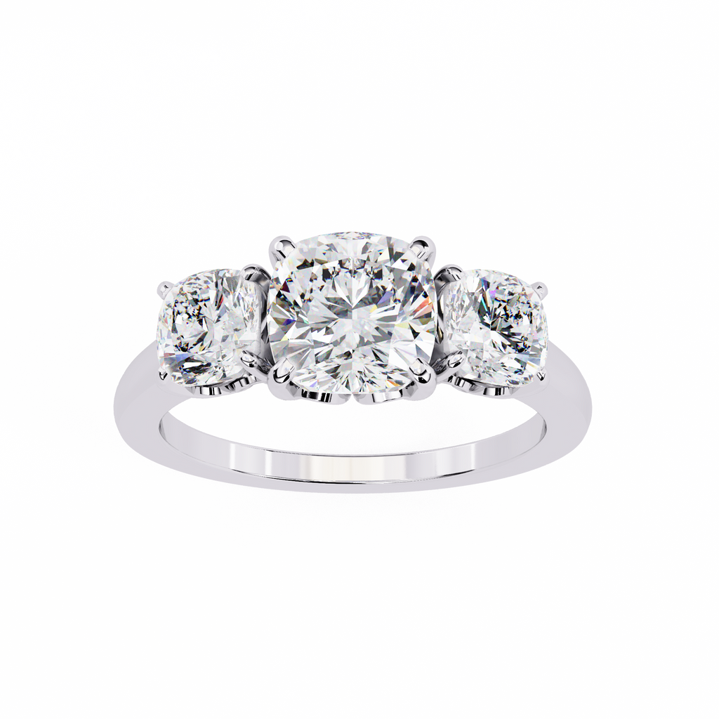 White Gold Three Stone Cushion Cut Diamond Trilogy Ring