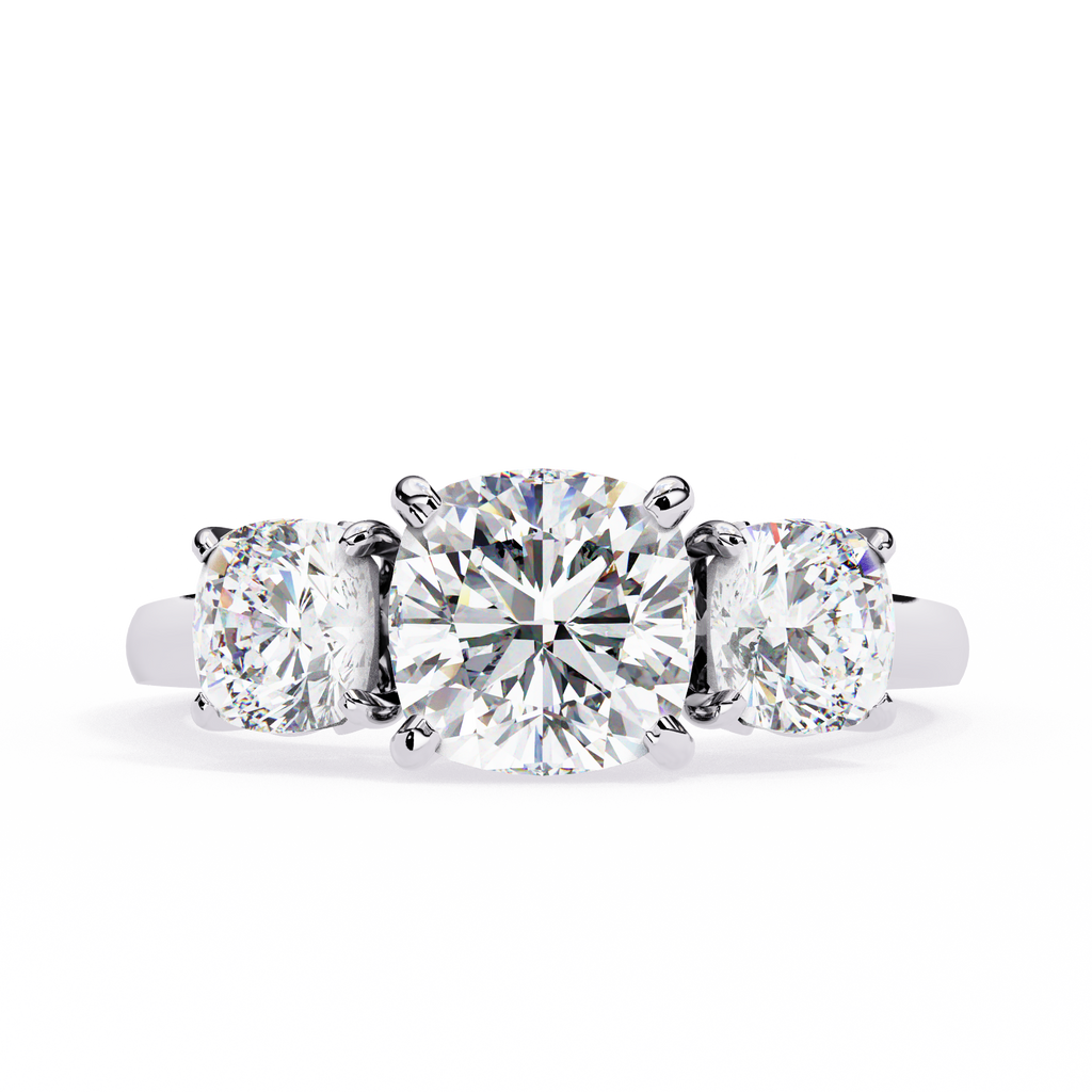 White Gold Three Stone Cushion Cut Diamond Trilogy Ring