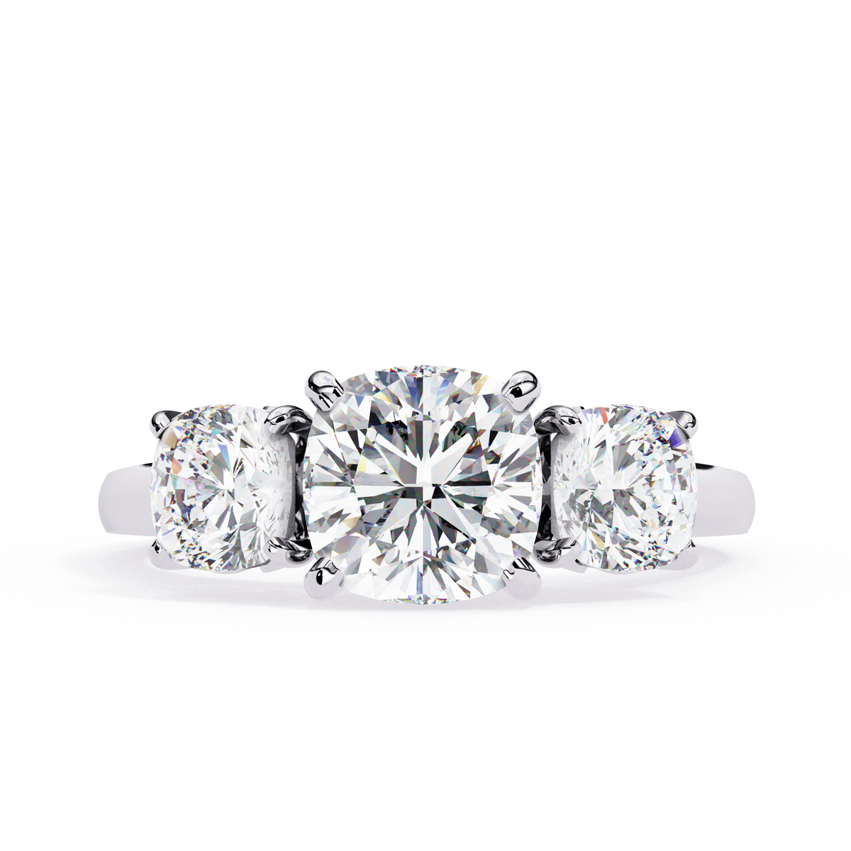 White Gold Three Stone Cushion Cut Diamond Trilogy Ring
