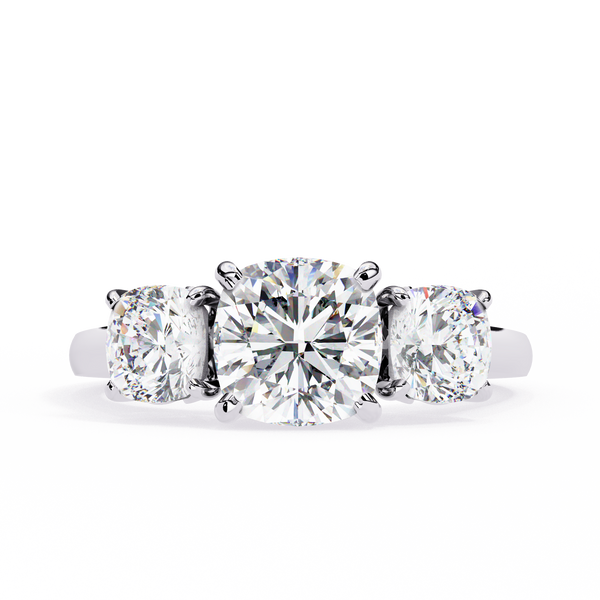 White Gold Three Stone Cushion Cut Diamond Trilogy Ring