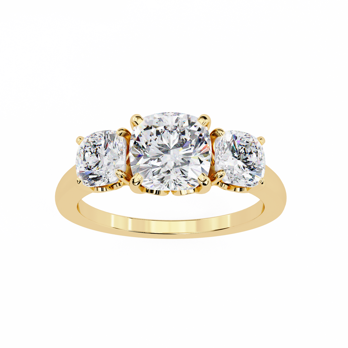 Yellow Gold Three Stone Cushion Cut Diamond Trilogy Ring