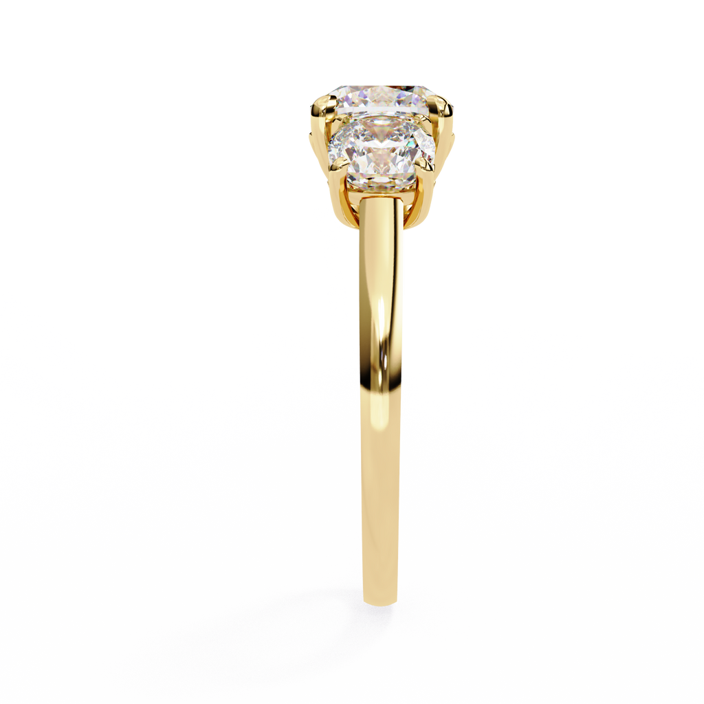 Yellow Gold Three Stone Cushion Cut Diamond Trilogy Ring