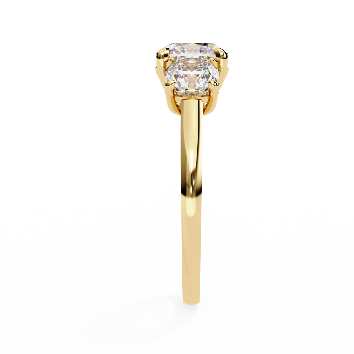 Yellow Gold Three Stone Cushion Cut Diamond Trilogy Ring